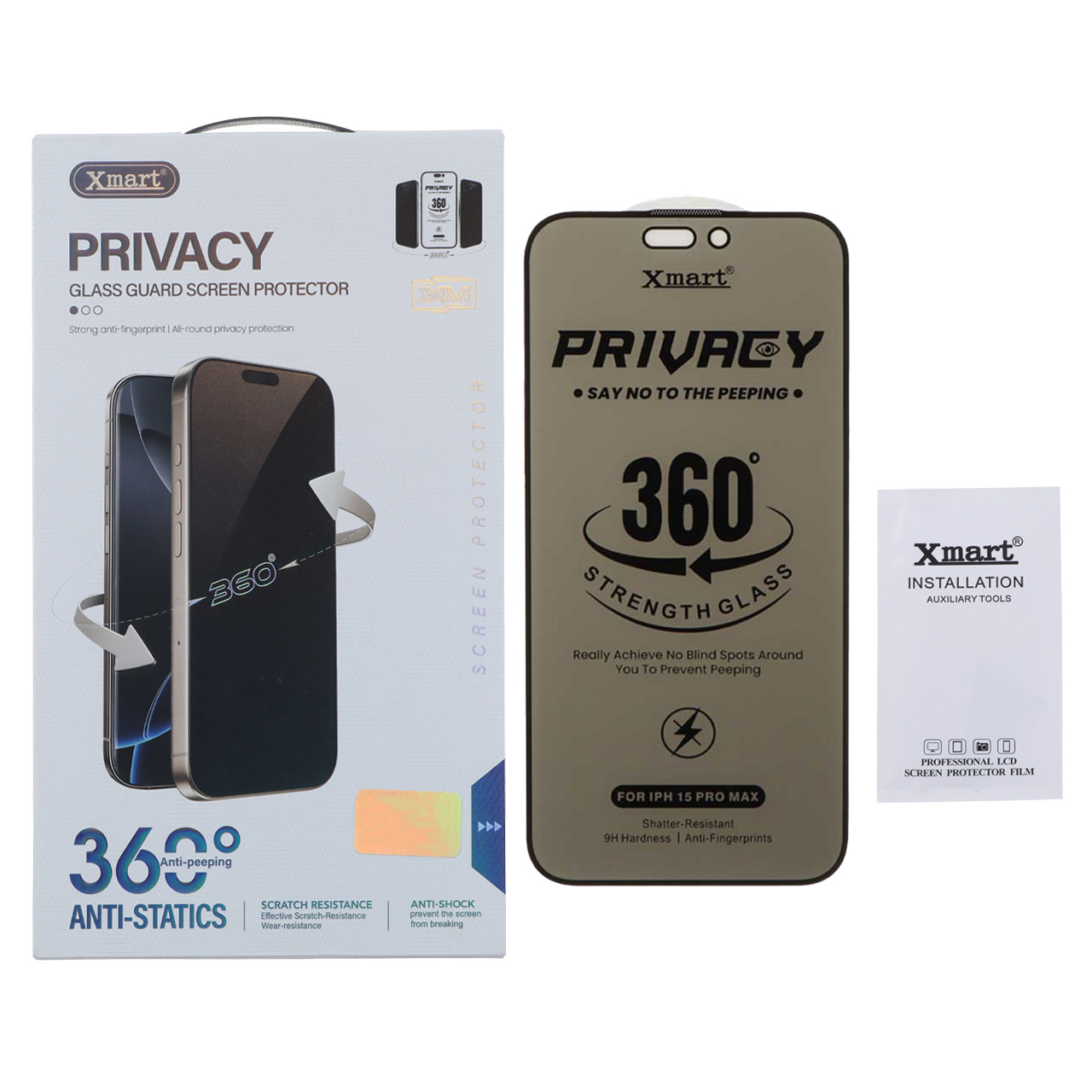 محافظ صفحه نمایش شیشه ای Full Cover Privacy XMART چهار جهته مناسب برای آیفون 15 پرو مکس