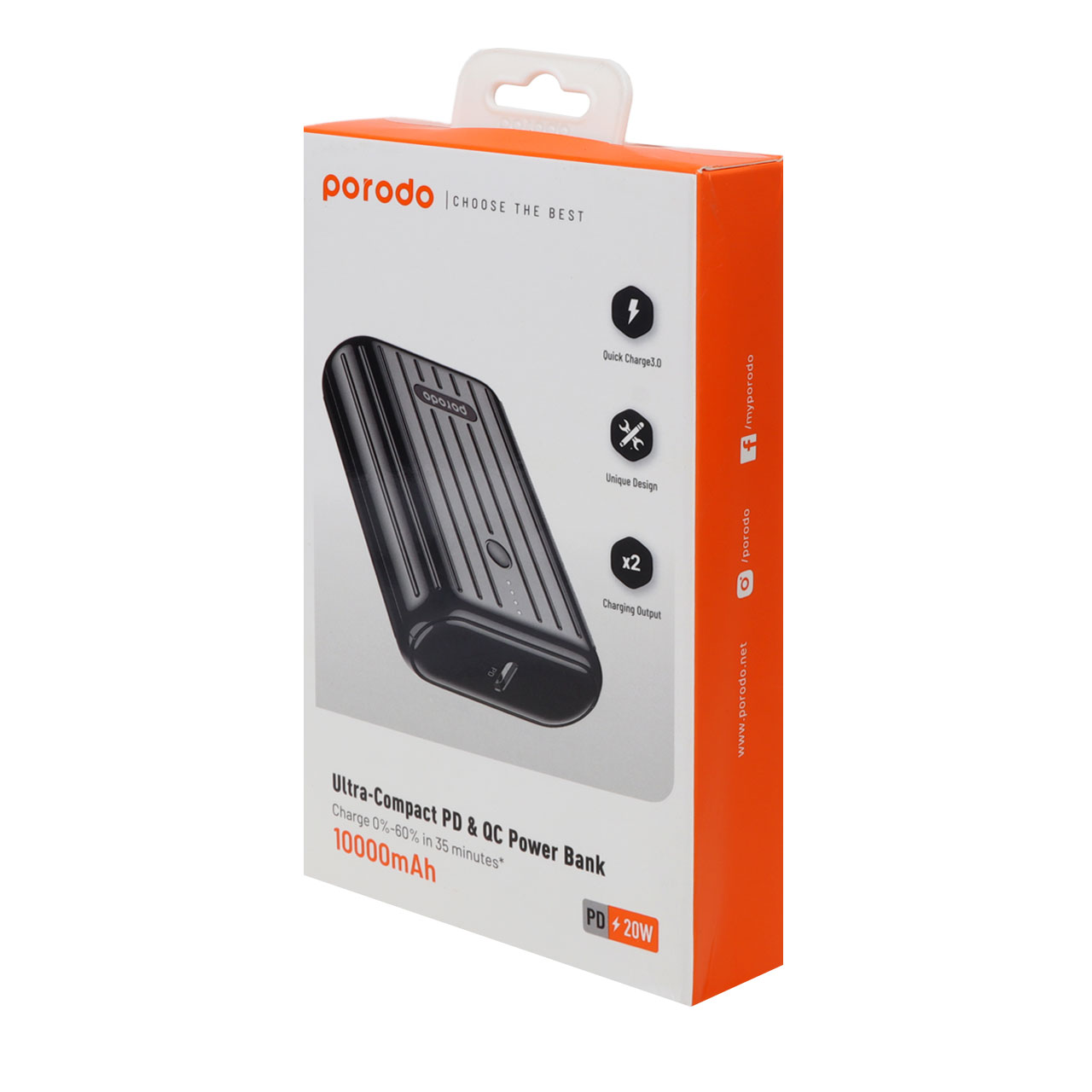 پاوربانک 20 وات 10000 میلی آمپر (PD و فست شارژ) Porodo مدل PD-PBFCH001 - مشکی
