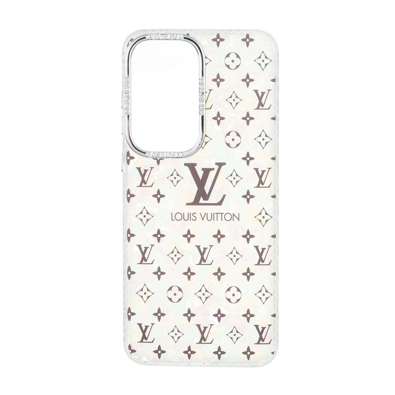 قاب طرح ماربل Louis Vuitton دور لنز کروم نگین‌دار مناسب برای سامسونگ گلکسی S25 FE