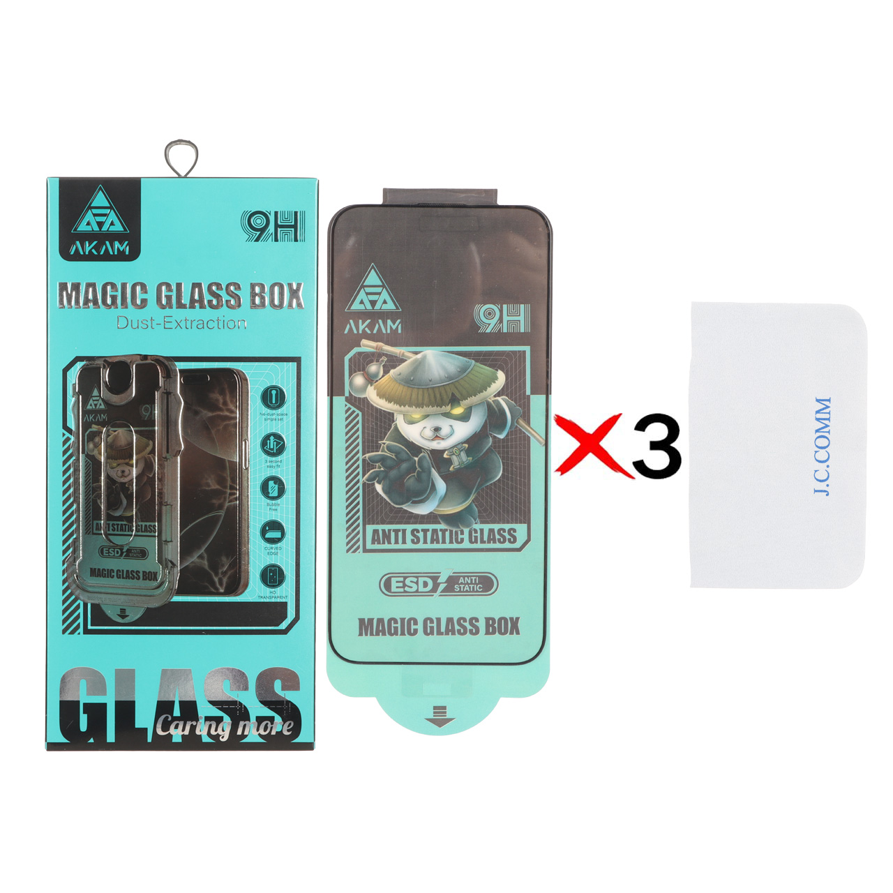 محافظ صفحه نمایش شیشه ای اورجینال Full Cover ESD Anti Static - Akam Magic Glass Box مدل Apple iPhone 15 Pro Max به همراه دستمال (پک 3 عددی)