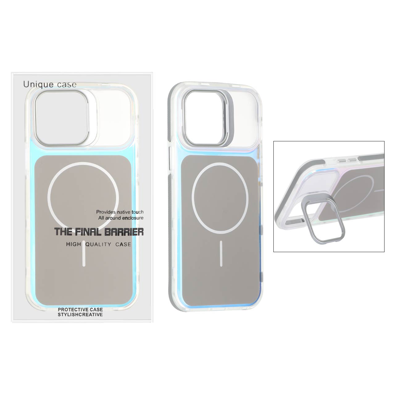 قاب اورجینال Unique Case هفت رنگ MagSafe دور رنگی لنز استندشو Apple iPhone 13 Pro Max - طوسی (پک دار)