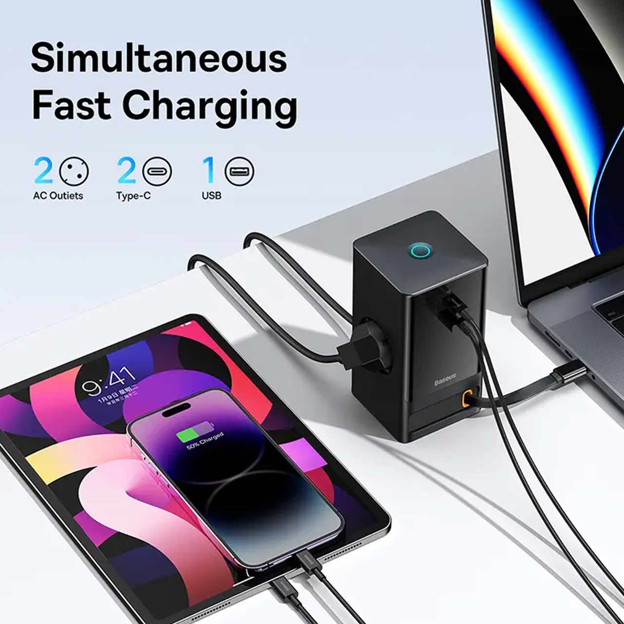 شارژر رومیزی فست چندکاره 65 وات Baseus مدل PowerCombo Tower PowerStrip مشکی با گارانتی آونگ