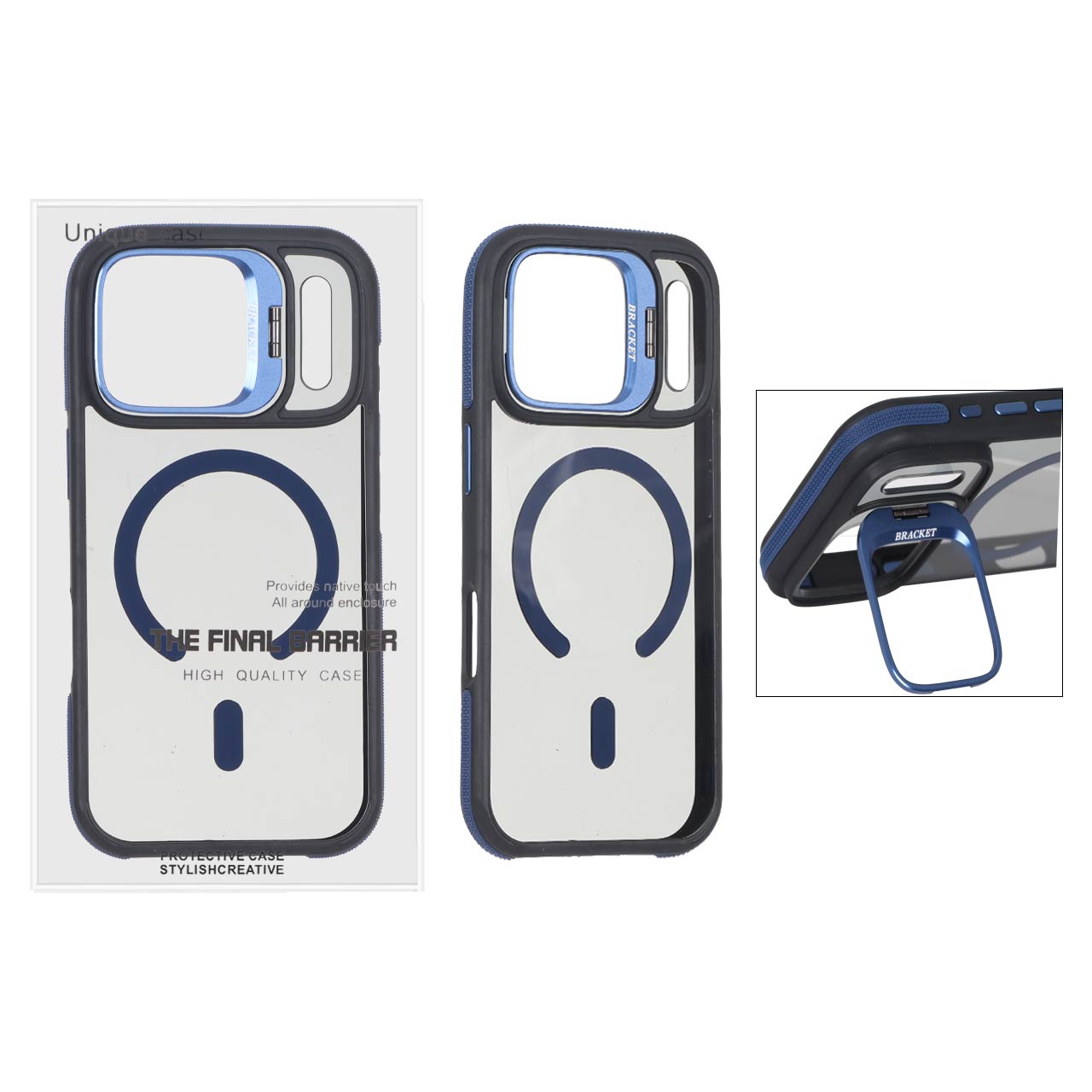 قاب اورجینال Bracket Unique Case مات Magsafe لنز آلومینیومی استندشو Apple iPhone 17 Pro - سرمه ای (پک دار)