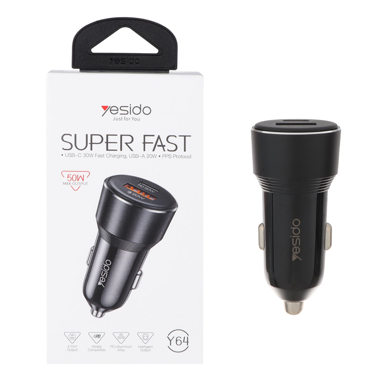 شارژر فندکی فست شارژ PD و USB دو پورت Yesido Y64 50W مشکی