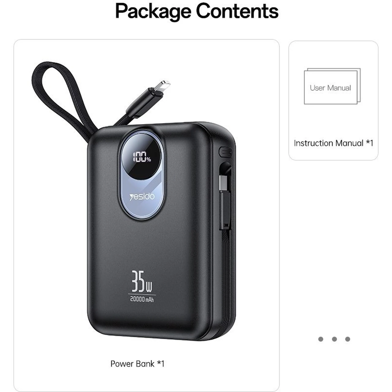 پاوربانک فست شارژ 35 وات Yesido YP94 با ظرفیت 20000mAh و کابل داخلی لایتنینگ و Type-C - رنگ مشکی
