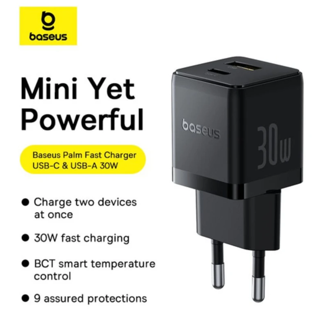 شارژر دیواری فست شارژ بیسوس مدل Palm 30W با دو پورت Type-C و USB - مشکی