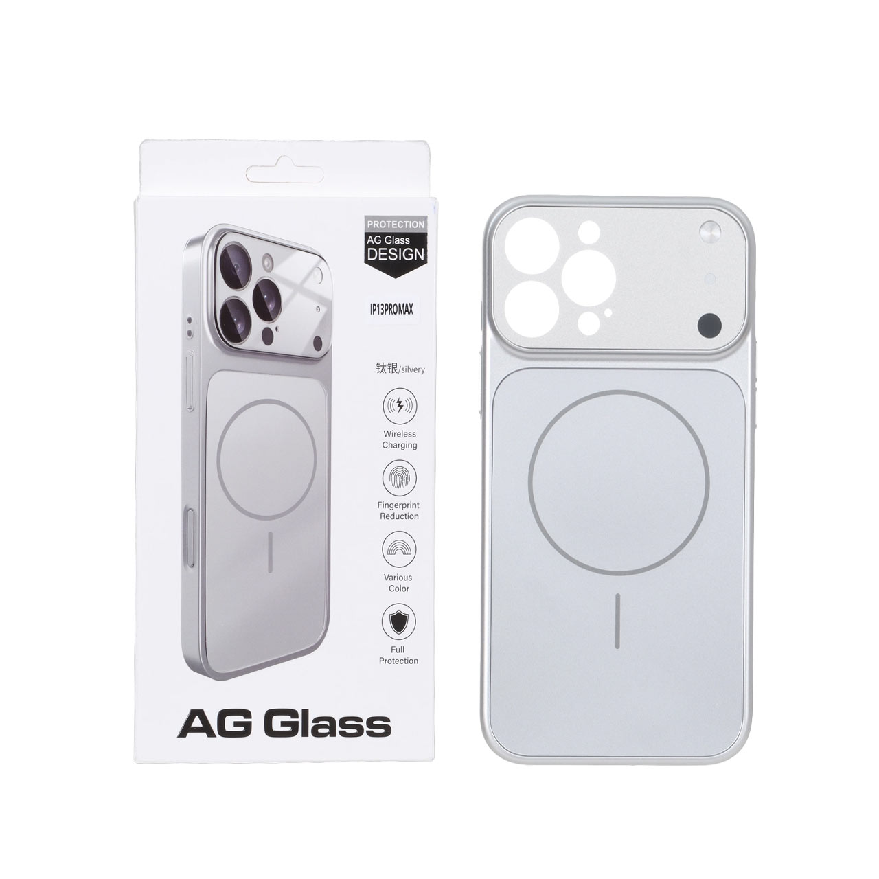 قاب طرح AG Glass محافظ لنز برجسته شیشه ای مگ‌سیف مناسب برای آیفون 13 پرو مکس - نقره‌ای