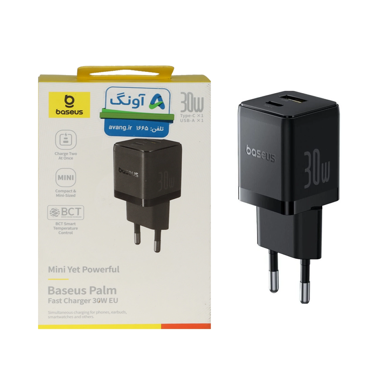 شارژر دیواری فست شارژ بیسوس مدل Palm 30W با دو پورت Type-C و USB - مشکی