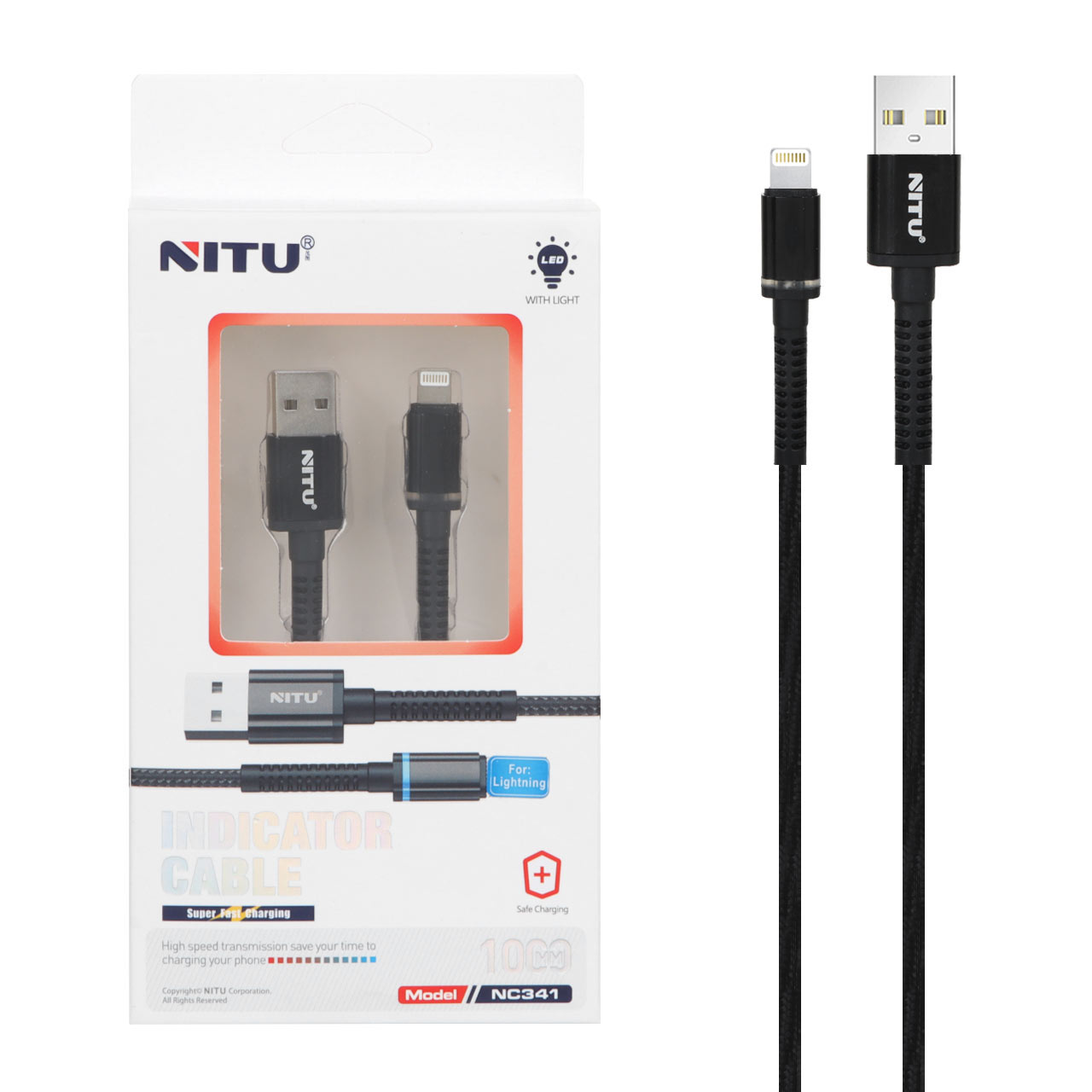 کابل شارژ و دیتای لایتنینگ NITU مدل NC341 مشکی با نشانگر LED و گارانتی