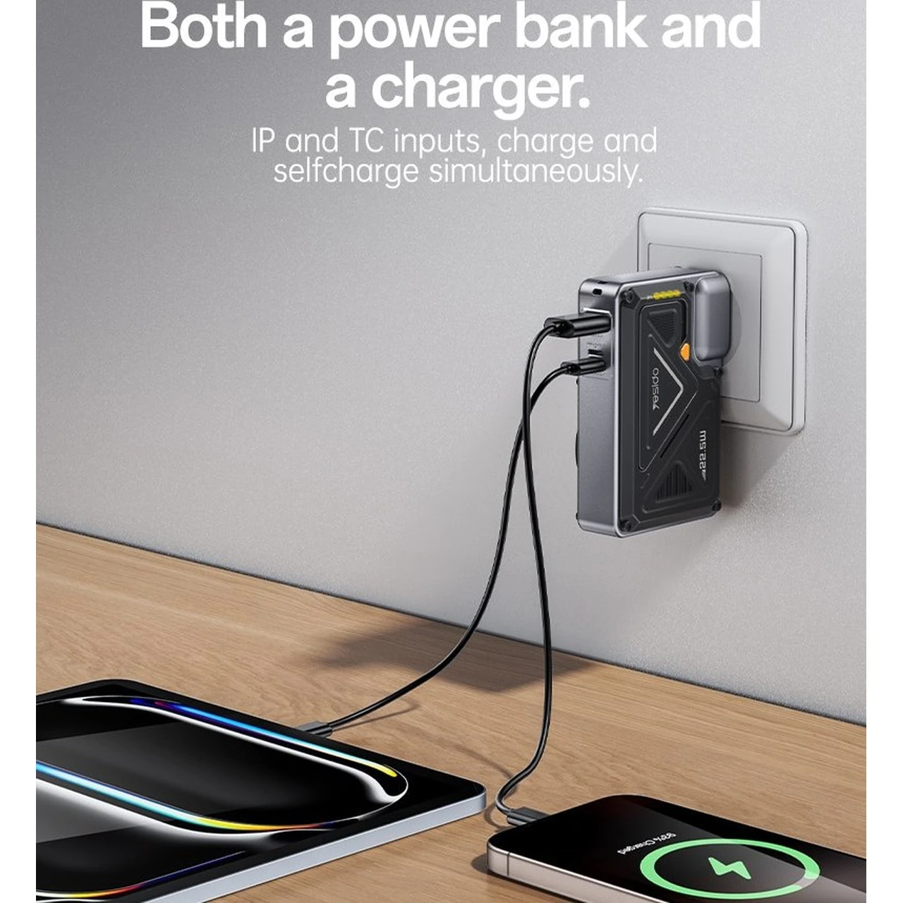 پاوربانک چندکاره Yesido YP89 با ظرفیت 10000mAh، فست شارژ 20W PD و شارژر دیواری - خاکستری
