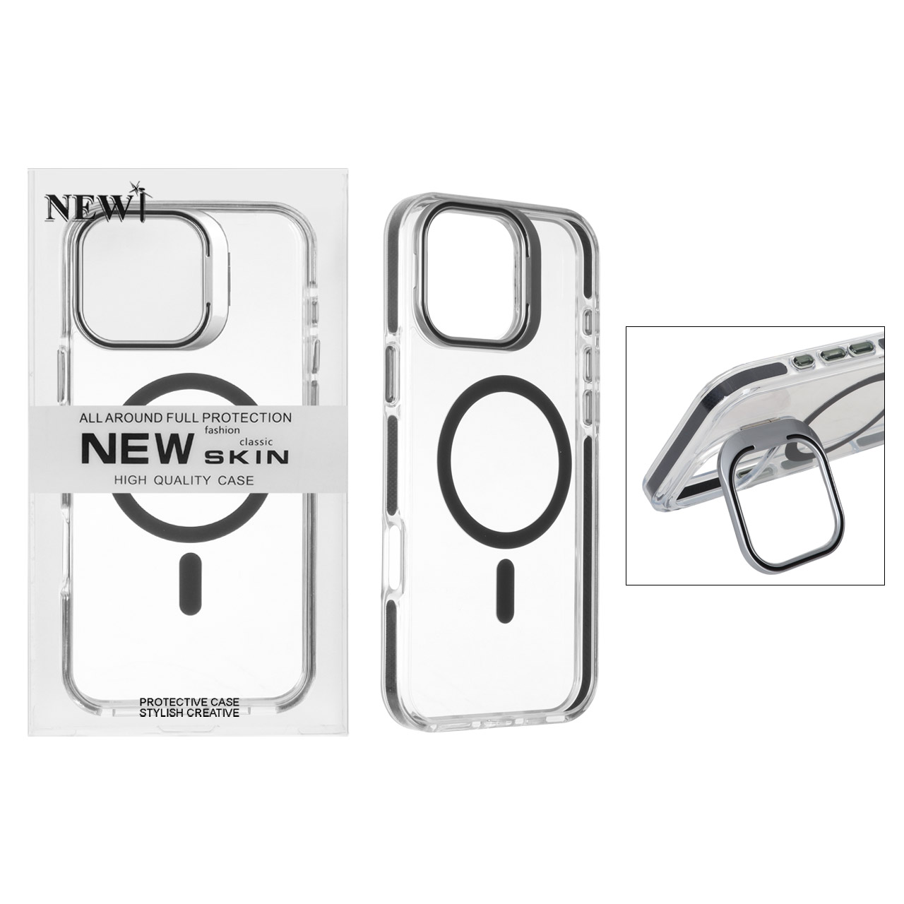 قاب اورجینال New Skin شفاف کریستالی MagSafe لنز استندشو با حاشیه مشکی مناسب برای آیفون ۱۶ پرو مکس