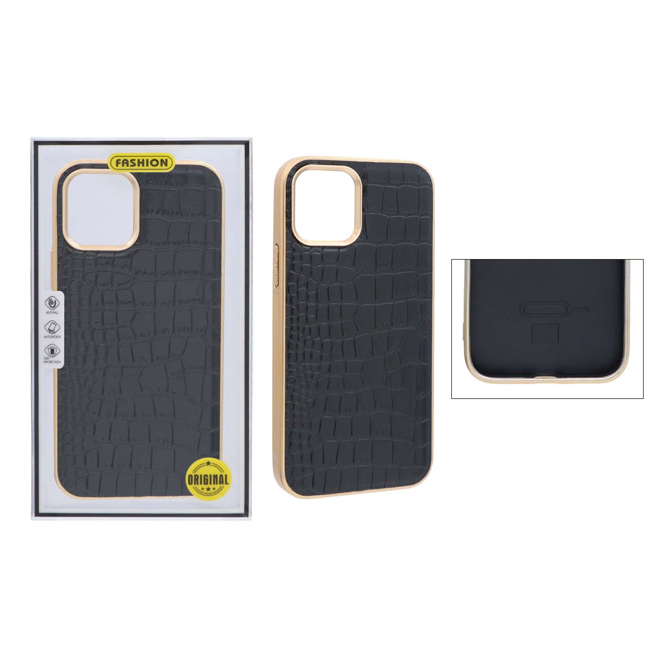 قاب طرح چرم کروکودیل دور طلایی Apple iPhone 11 Pro - مشکی (پک دار)