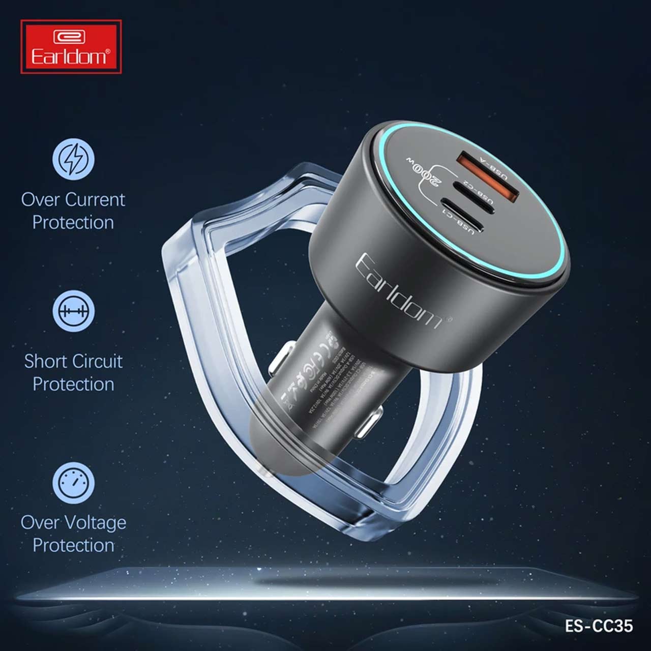 شارژر فندکی PD و فست سه پورت Earldom مدل CC35 200W - مشکی