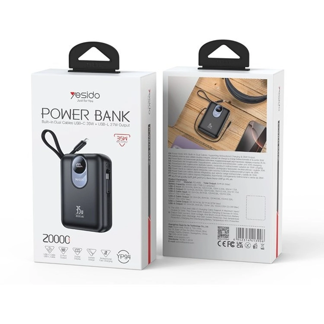 پاوربانک فست شارژ 35 وات Yesido YP94 با ظرفیت 20000mAh و کابل داخلی لایتنینگ و Type-C - رنگ مشکی