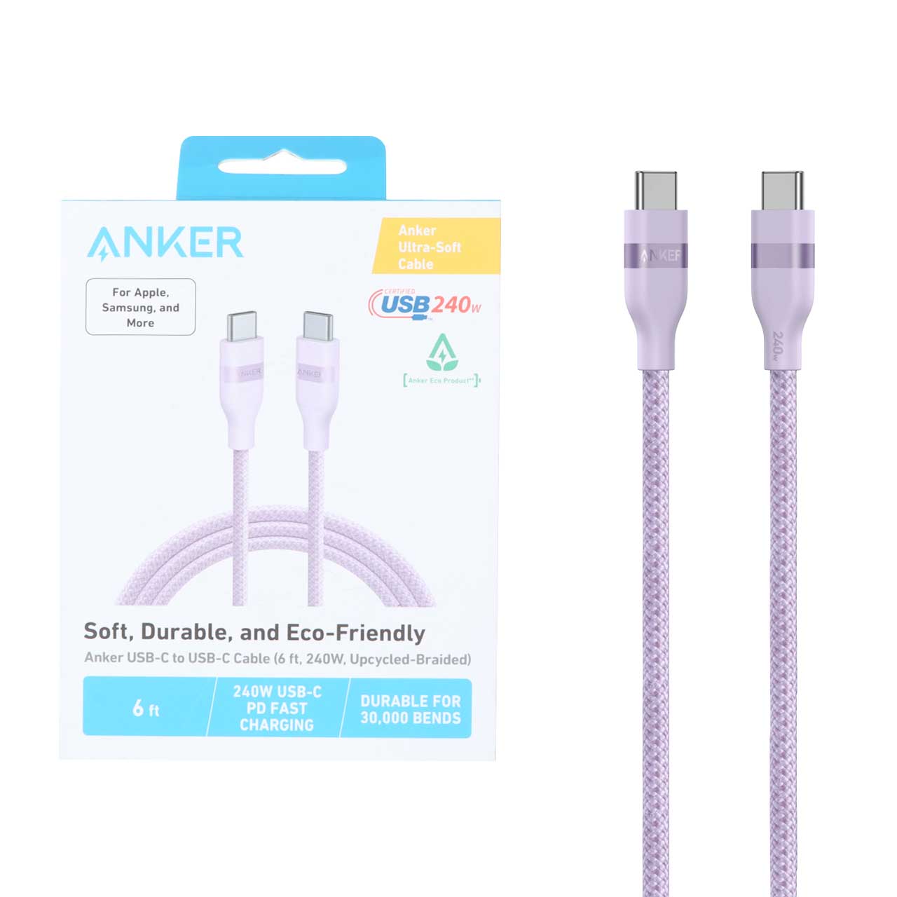 کابل شارژ 240 وات PD و فست 1.8 متری ANKER Type-C To Type-C مدل A82E26V2 - بنفش