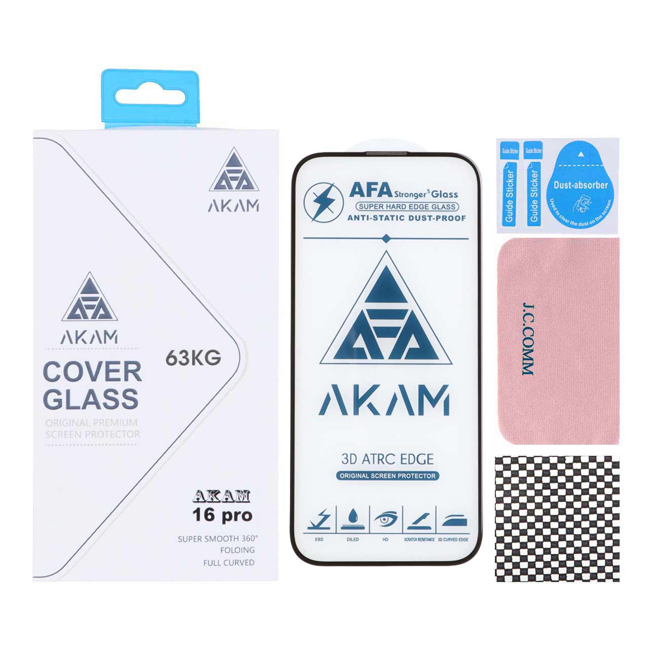 محافظ صفحه نمایش شیشه‌ای اورجینال فول کاور AKAM مناسب برای آیفون 17 و آیفون 16 پرو به همراه پک تمیز کننده