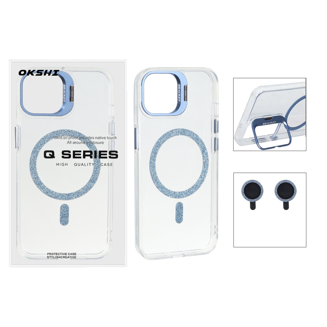 قاب Bracket شفاف Magsafe اکلیلی با ست محافظ لنز رینگی Apple iPhone 13 / iPhone 14 - آِبی (پک دار)