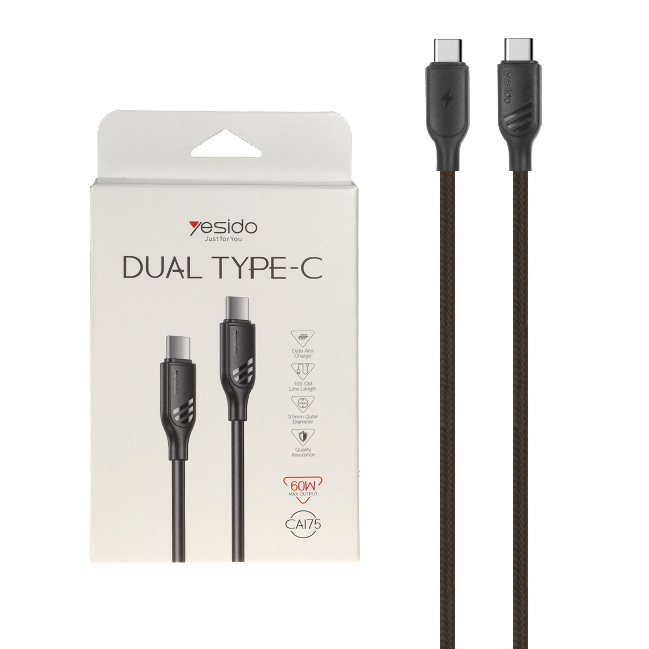 کابل شارژ و دیتای فست Yesido Type-C به Type-C مدل CA175 - مشکی