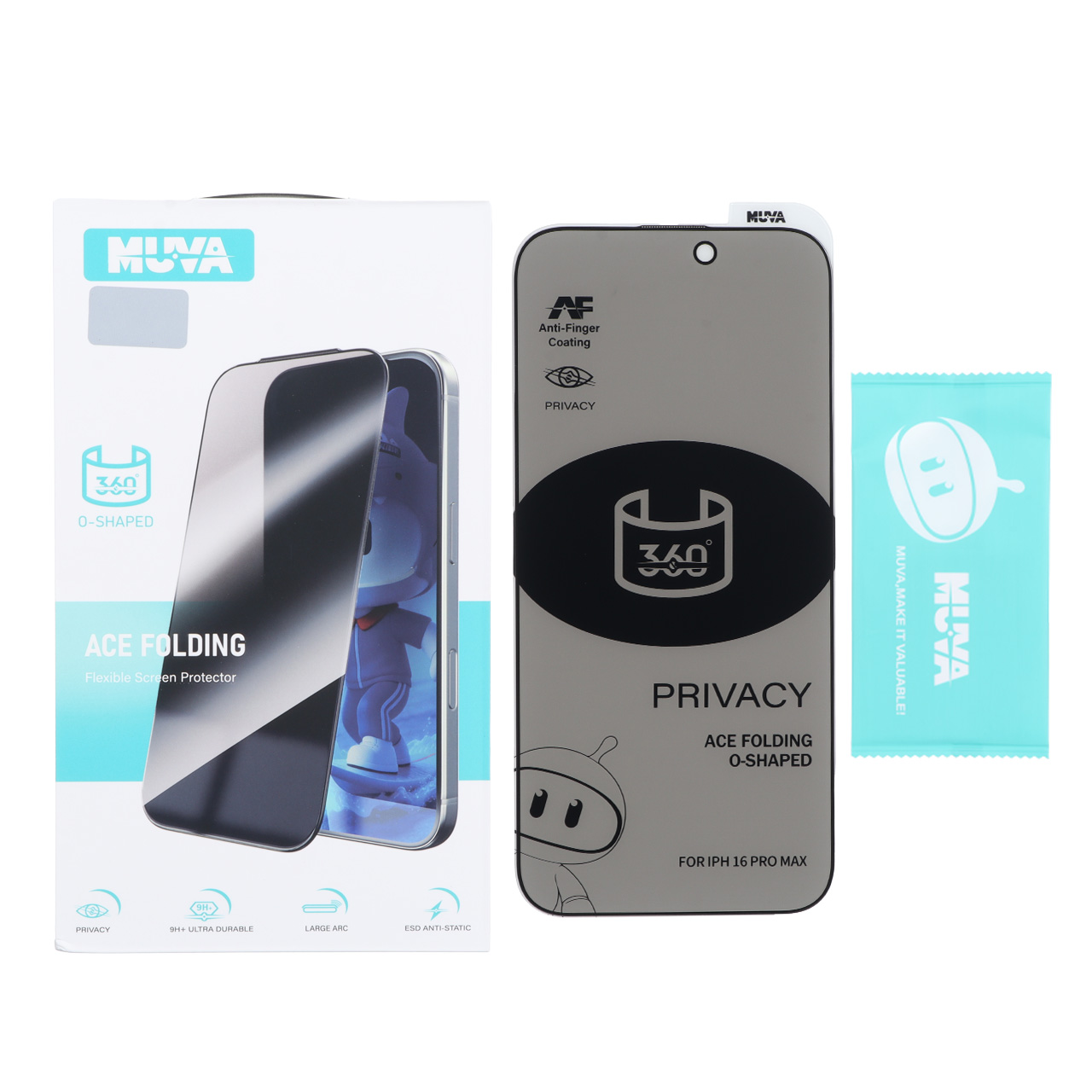 محافظ صفحه نمایش شیشه ای Full Cover MUVA 360 ESD Anti Static Privacy مدل Apple iPhone 16 Pro Max (پک دار)