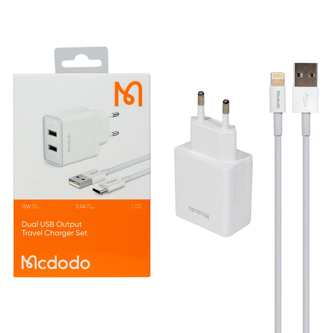 شارژر دیواری فست دو پورت Mcdodo مدل CH-3970 12W به همراه کابل لایتنینگ - سفید