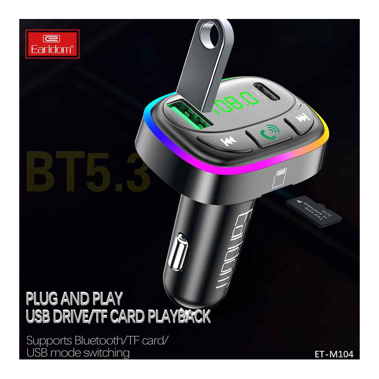 شارژر فندکی خودرو Earldom M104 با دو پورت فست شارژ PD، بلوتوث و FM پلیر