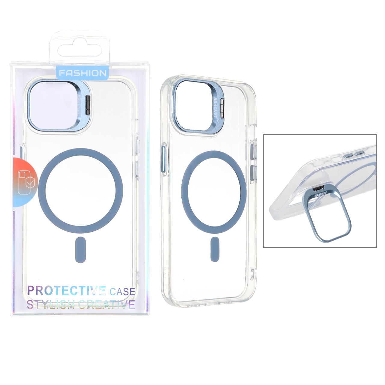 قاب MagSafe کریستالی استنددار Bracket با حاشیه آبی روشن مناسب برای آیفون 13 و آیفون 14