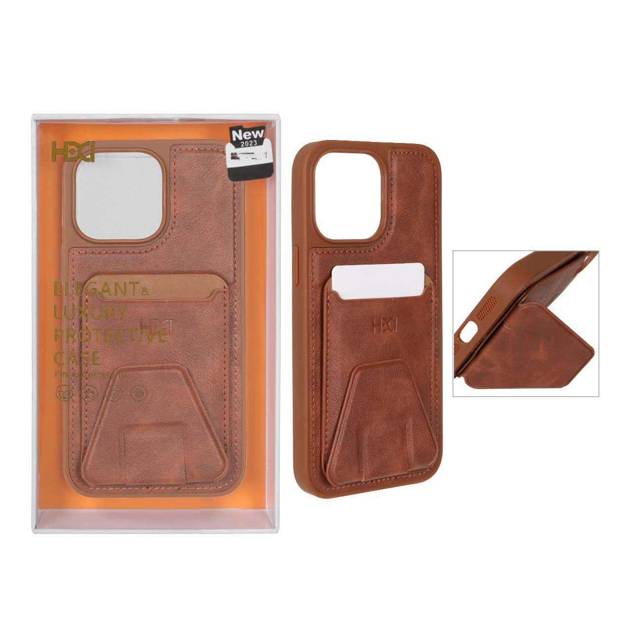 قاب اورجینال HDD چرمی جاکارتی مگنتی استندشو Apple iPhone 12 Pro / iPhone 12 - قهوه ای (پک دار)
