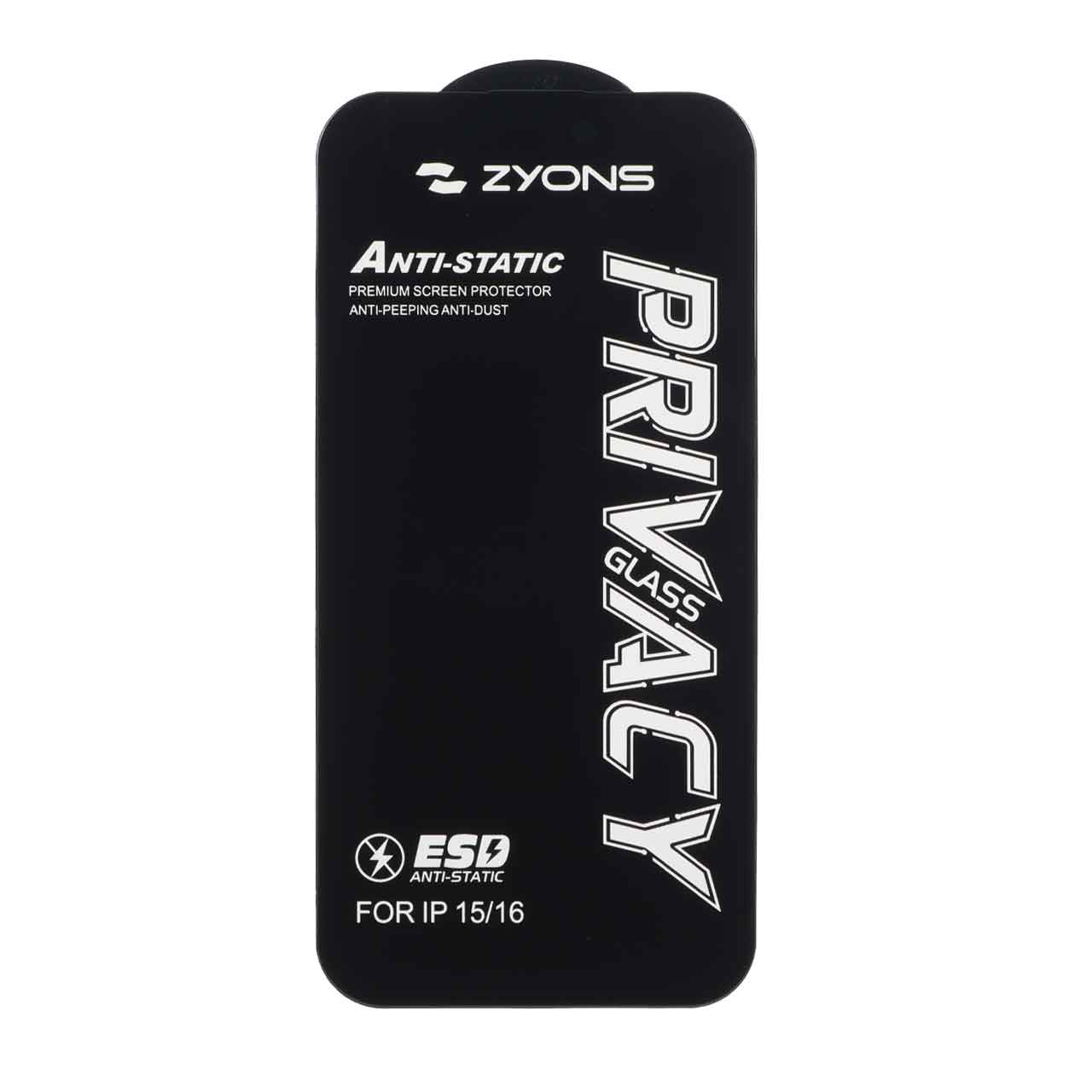 محافظ صفحه نمایش شیشه ای Anti Static - ESD Zyons Privacy مدل Apple iPhone 16 / iPhone 15 / iPhone 14 Pro