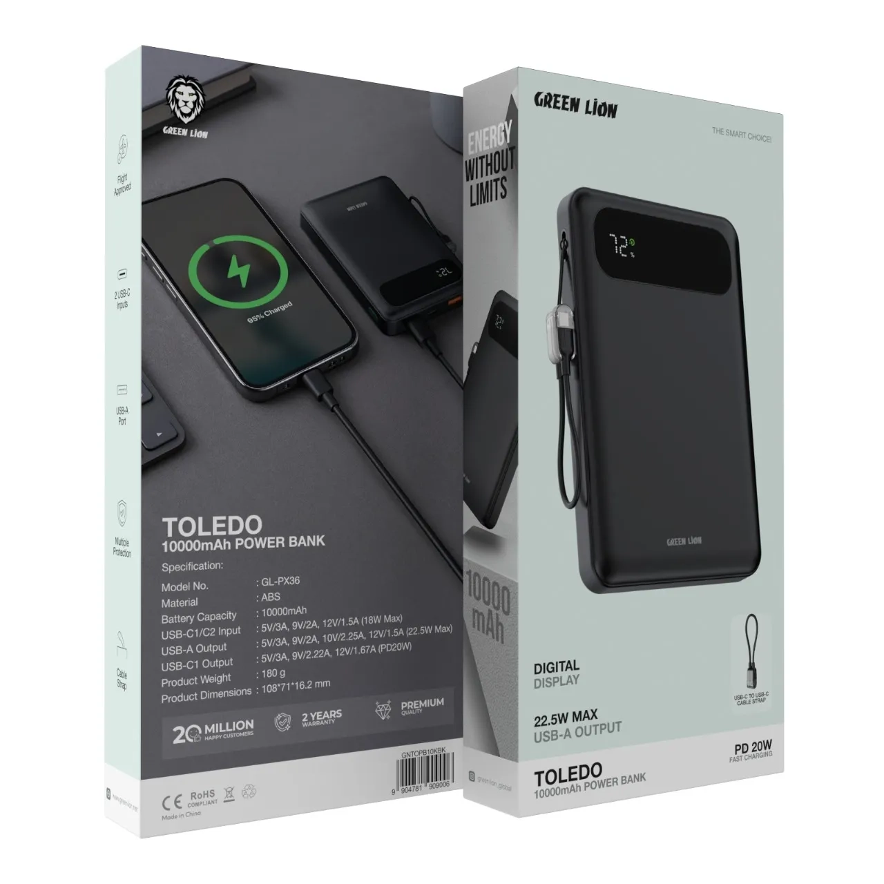 پاوربانک فست شارژ گرین لاین مدل Toledo GNTOPB10KBK با ظرفیت 10000mAh و توان 20W مشکی