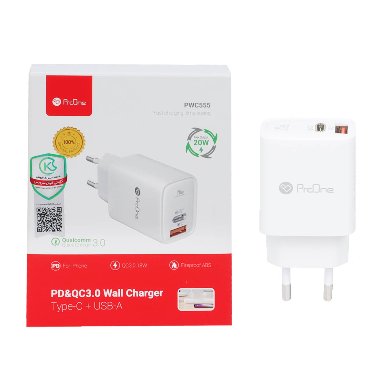شارژر دیواری 20 وات فست و PD دو پورت ProOne مدل PWC555