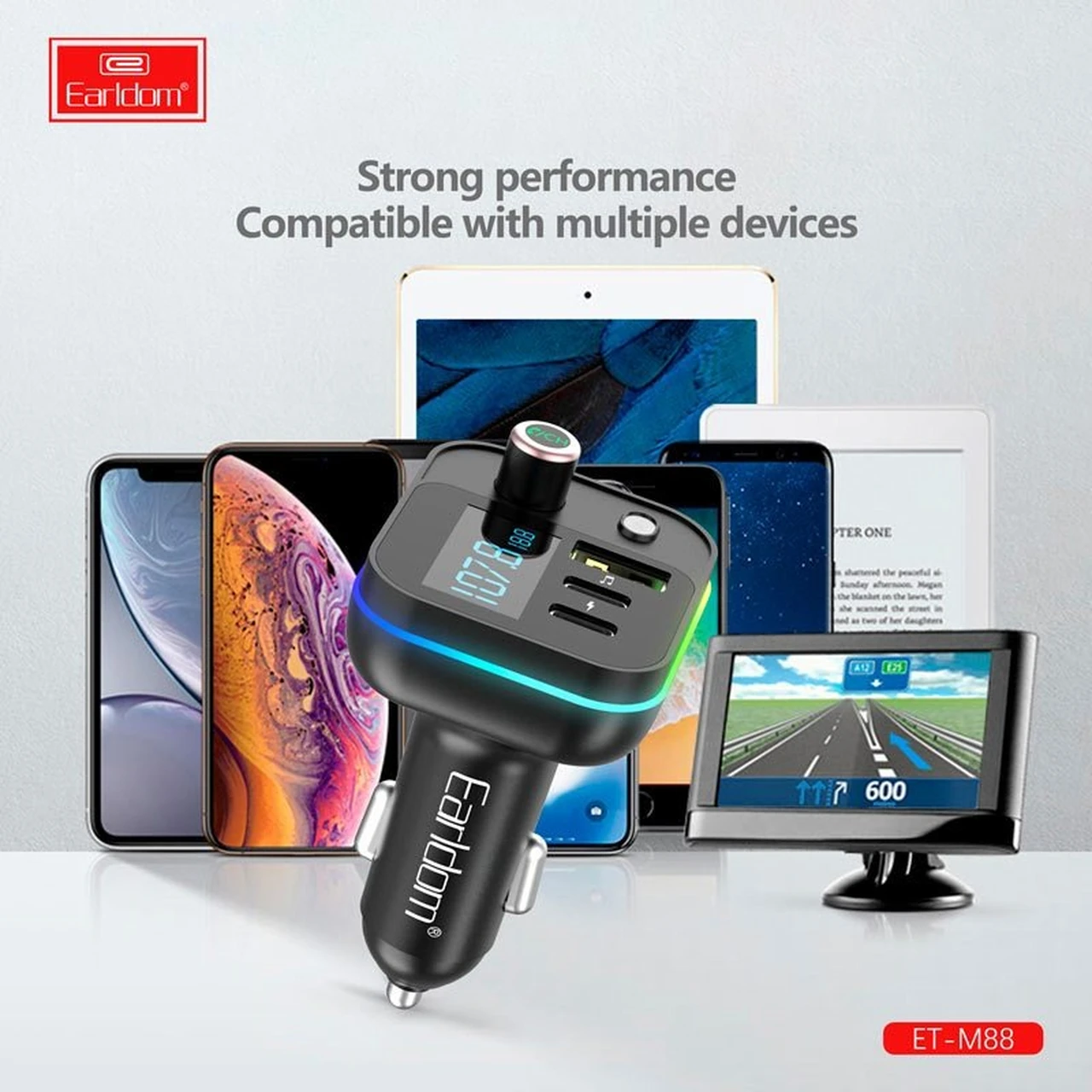شارژر فندکی Earldom FM مدل ET-M88 با قابلیت PD، فست شارژ، سه پورت و گیرنده بلوتوثی - مشکی