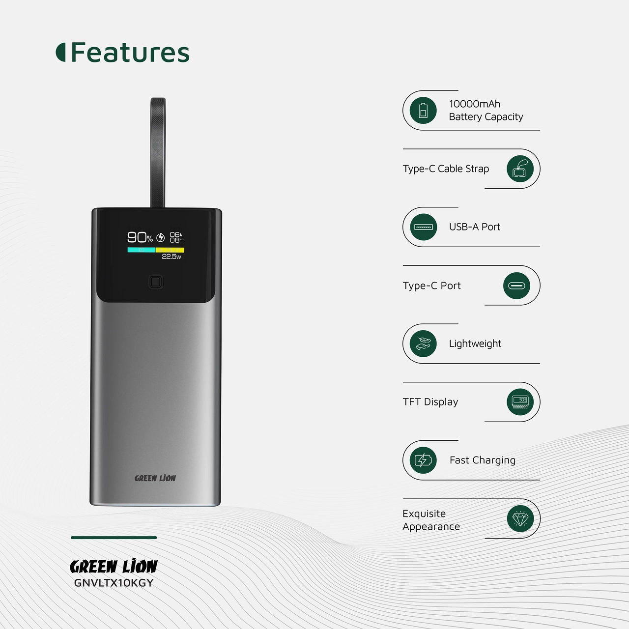 پاوربانک فست شارژ 20 واتی گرین لاین مدل VOLTIX GNVLTX10KGY با ظرفیت 10000 میلی آمپر ساعت - خاکستری
