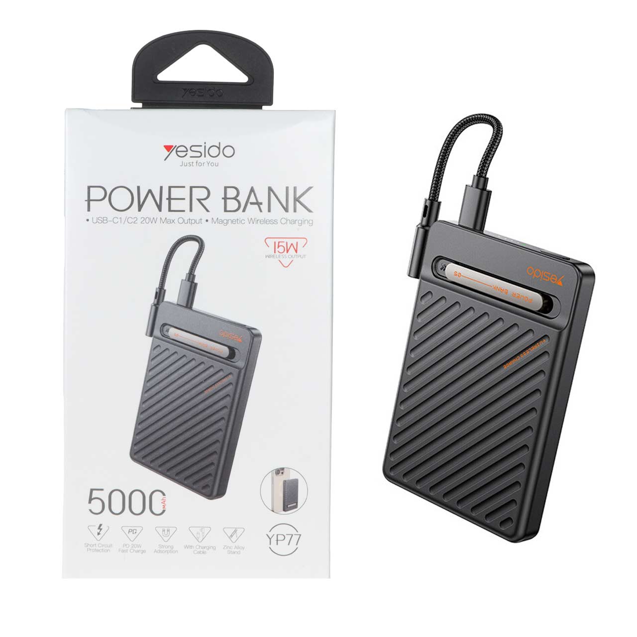 پاوربانک وایرلس یسیدو مدل YP77 با ظرفیت 5000 میلی آمپر و توان 20 وات - مشکی