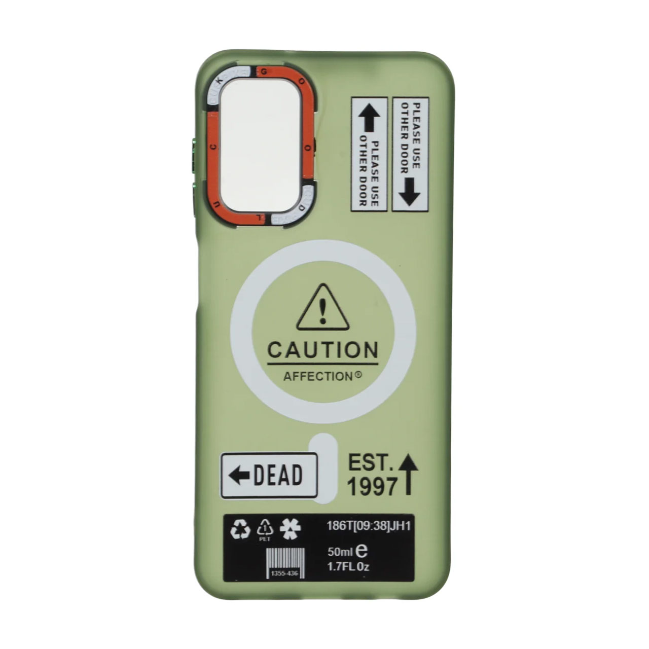 قاب طرح Caution مات مگ سیف دکمه متال سبز مناسب برای سامسونگ گلکسی A13 4G / A13 5G / A04s / M13 4G / M23 / F13