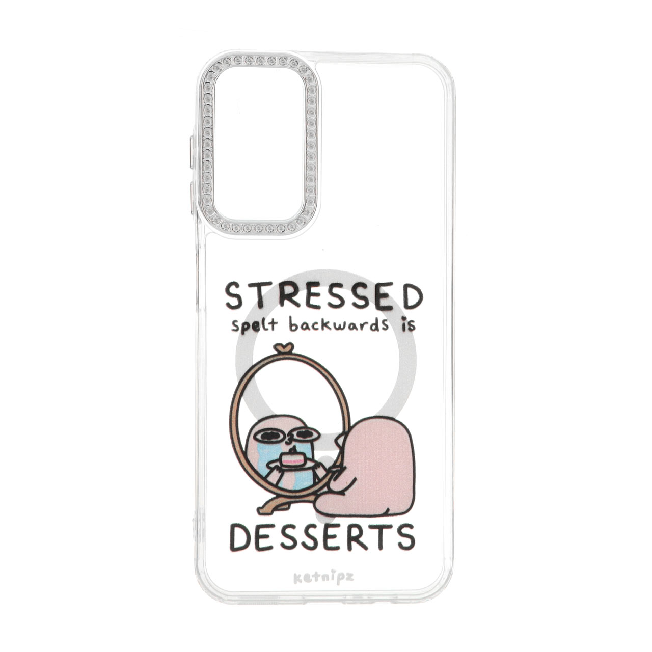 قاب ژله ای شفاف طرح stressed desserts مگ سیف دور نگین دار مناسب برای سامسونگ گلکسی A14