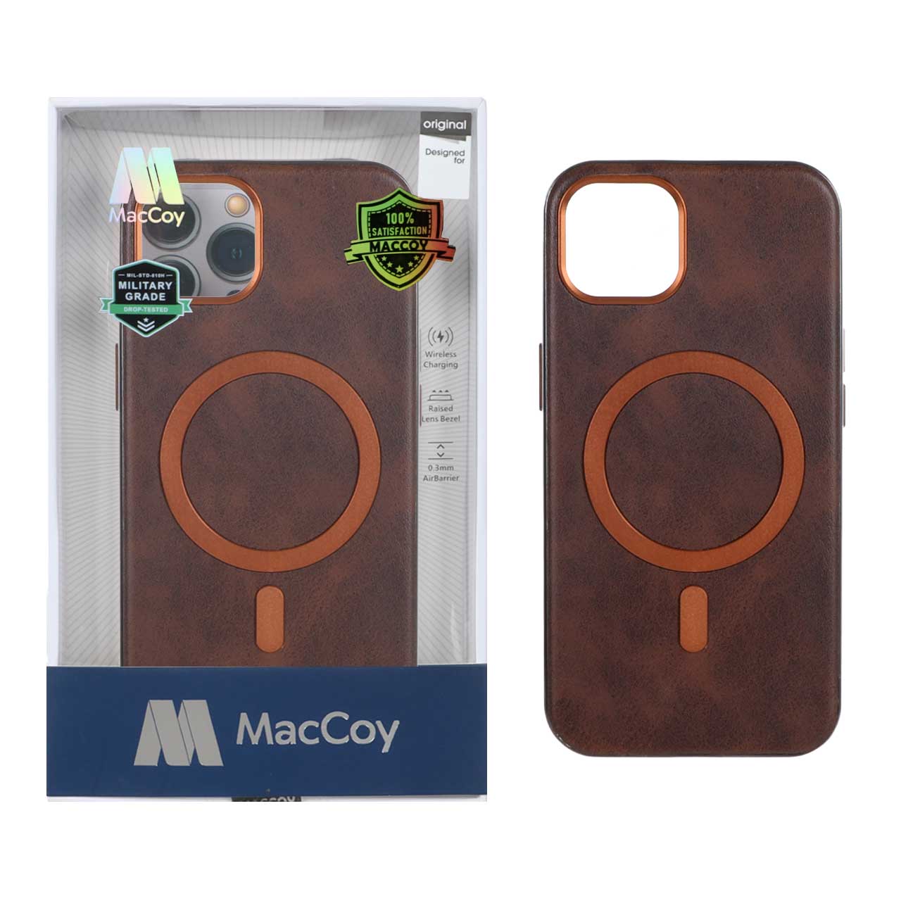 قاب اورجینال MacCoy چرمی Magsafe Military مدل Apple iPhone 13 / iPhone 14 - قهوه ای