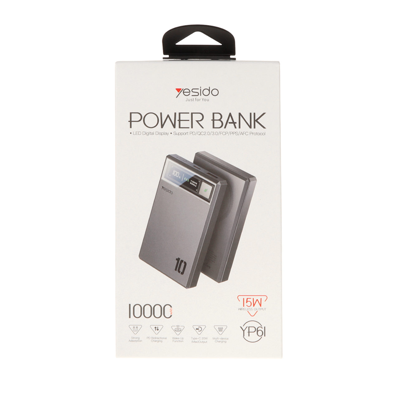 پاوربانک وایرلس و فست شارژ Yesido YP61 با ظرفیت 10000mAh، توان 20W و مگ سیف - خاکستری