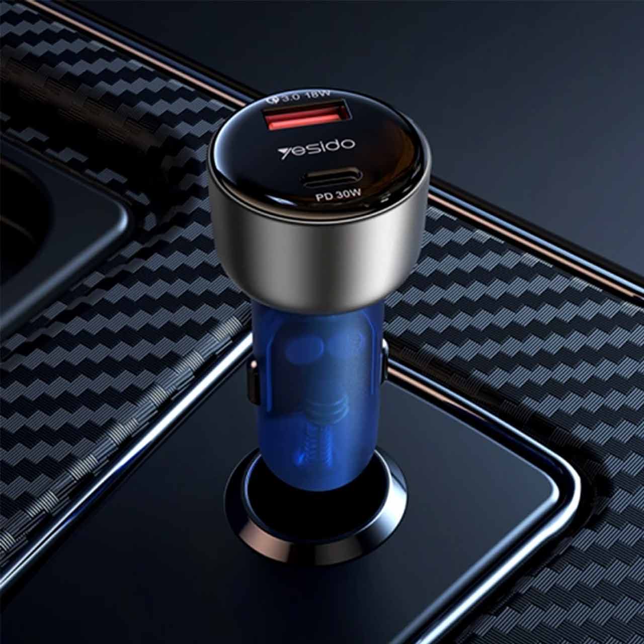 شارژر فندکی فست شارژ Yesido Y52 48W دو پورت Type-C و USB سرمه‌ای