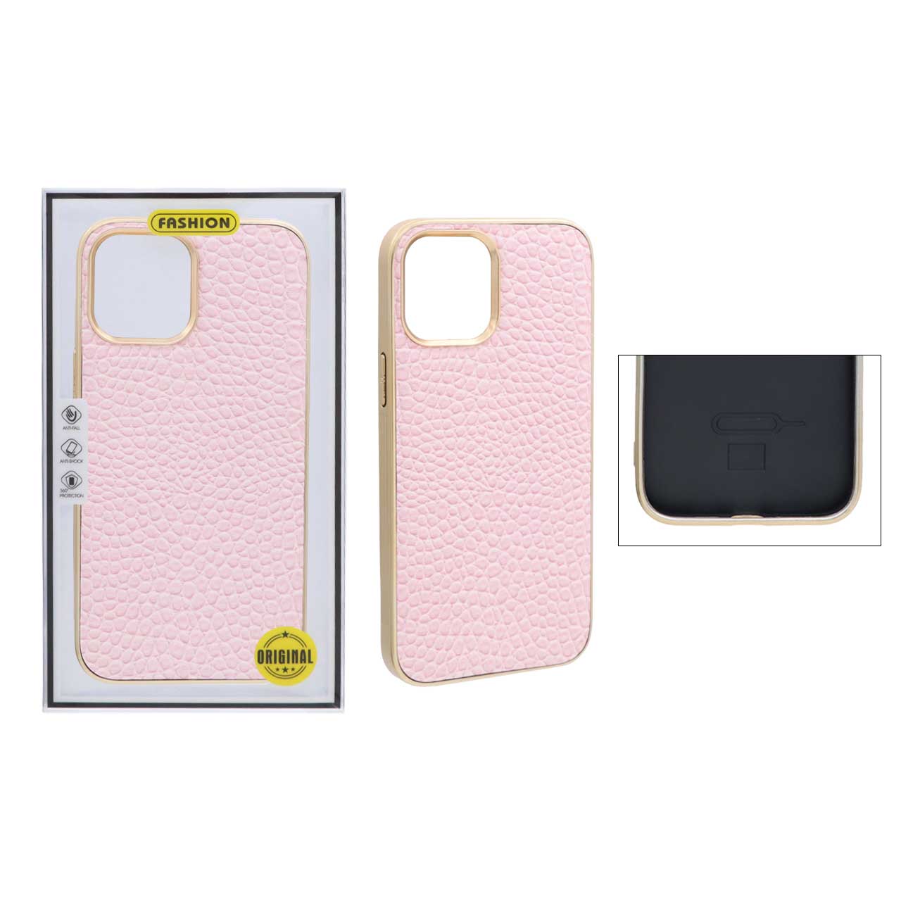 قاب طرح چرم کروکودیل دور طلایی Apple iPhone 12 Pro Max - صورتی (پک دار)