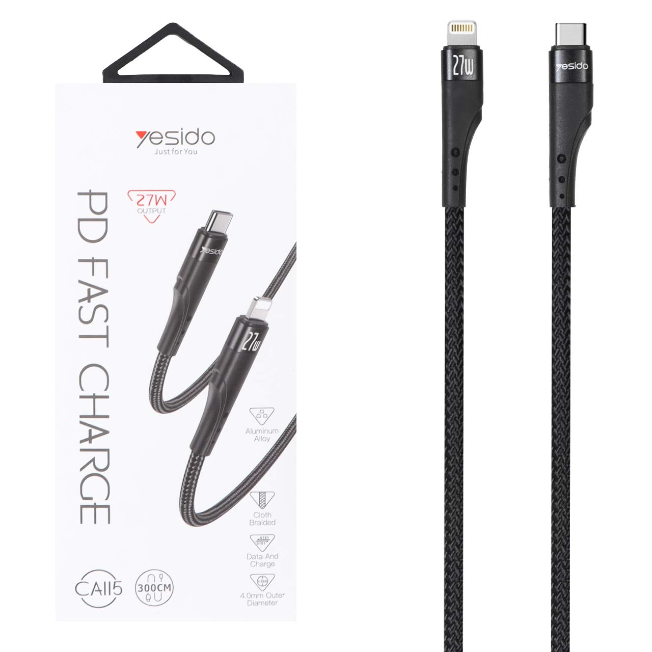 کابل شارژ 3 متری PD و فست Yesido Type-C To Lightning مدل CA115 27W - مشکی