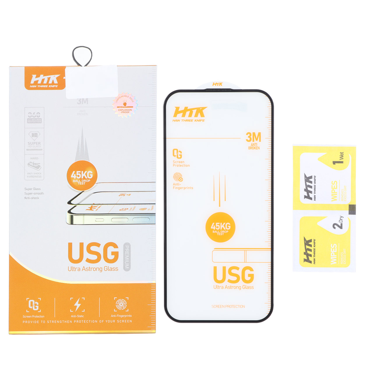 محافظ صفحه نمایش شیشه ای Full Cover USG 45KG مناسب برای آیفون 16 / آیفون 15 / آیفون 14 پرو