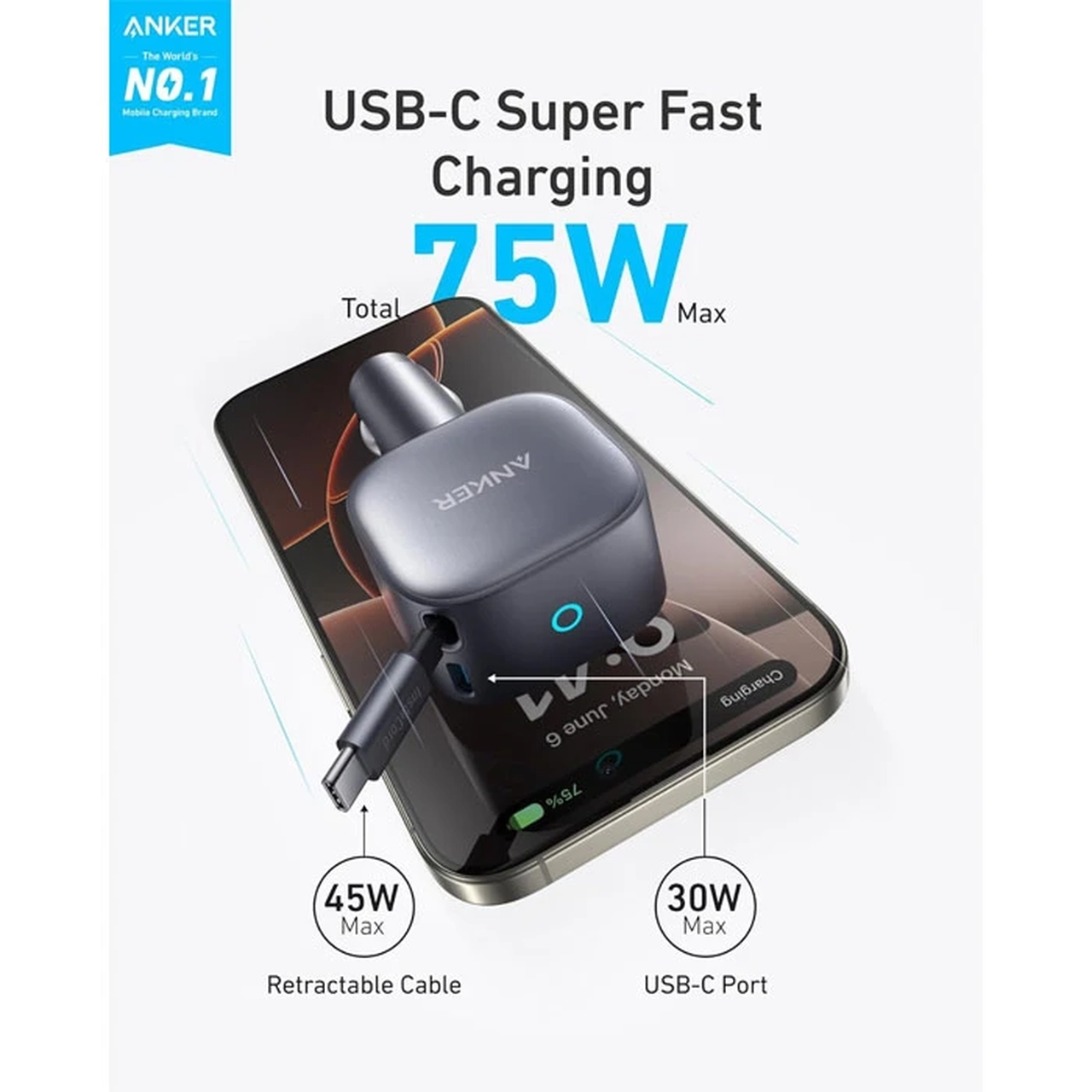 شارژر فندکی فست ANKER مدل A2738HA2 با توان 75 وات و کابل جمع شونده Type-C