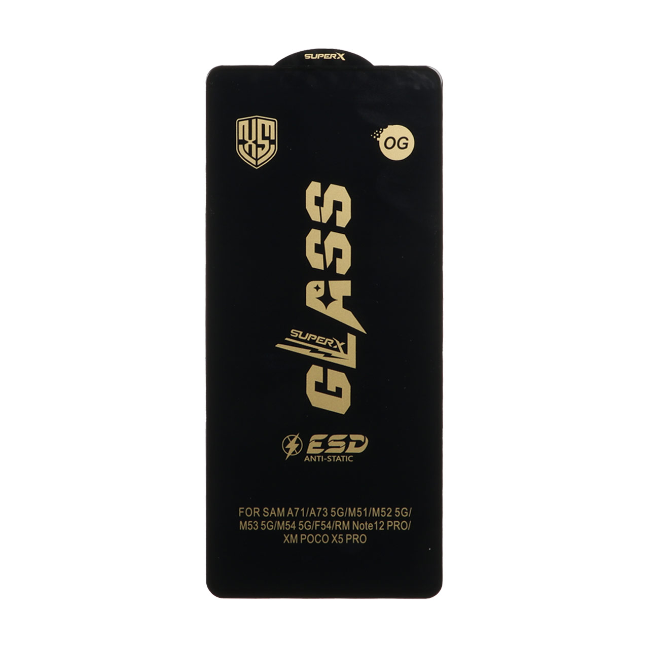 محافظ صفحه نمایش شیشه ای فول کاور Super X OG ESD آنتی استاتیک مناسب برای سامسونگ گلکسی A71، A72، A73، M51، M52، M53، M54، M62 و شیائومی نوت ۱۲ پرو 5G، نوت ۱۲ پرو پلاس، پوکو X5 پرو، پوکو F5