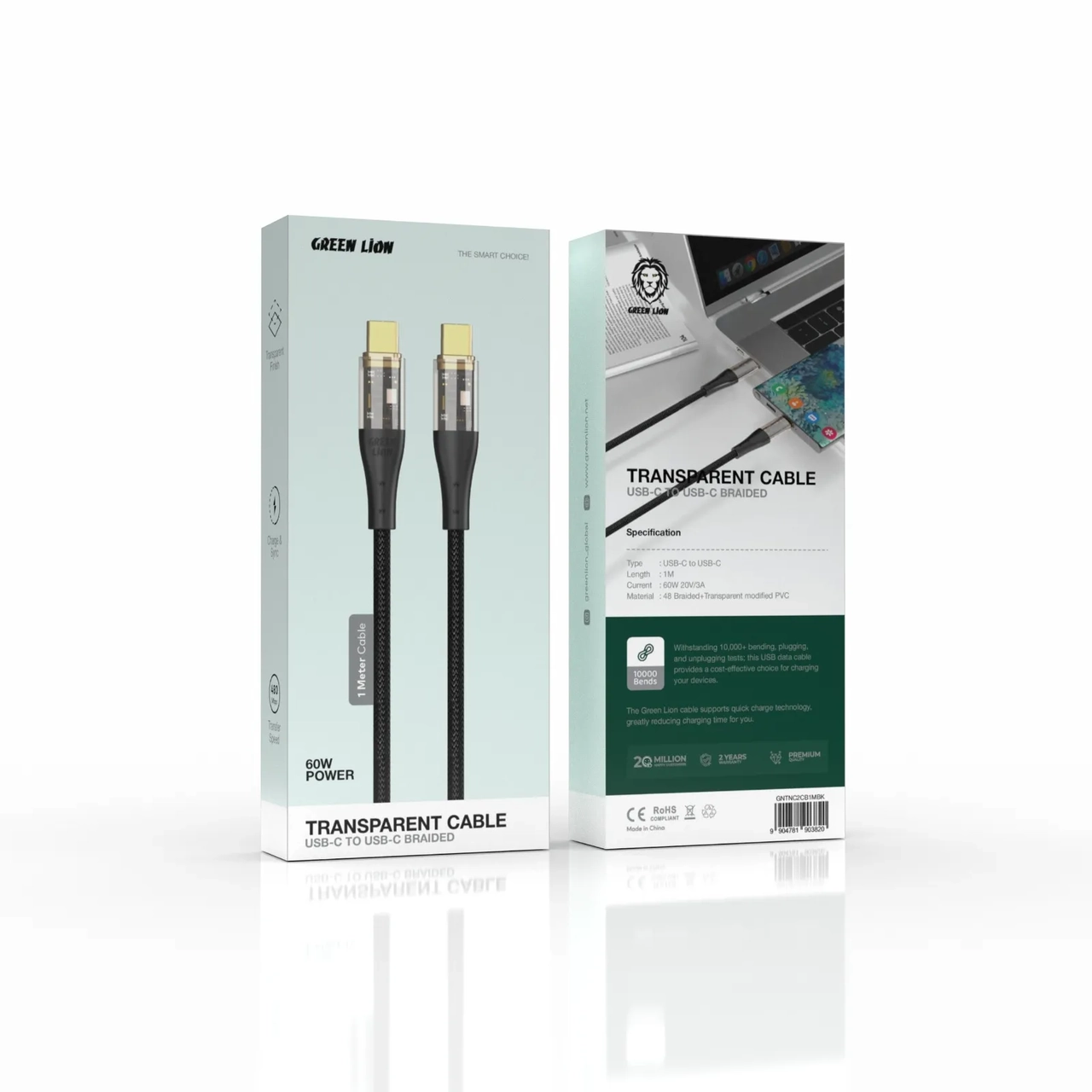 کابل شارژ فست و PD گرین لاین Type-C به Type-C مدل GNTNC2CB1MBK 60W مشکی
