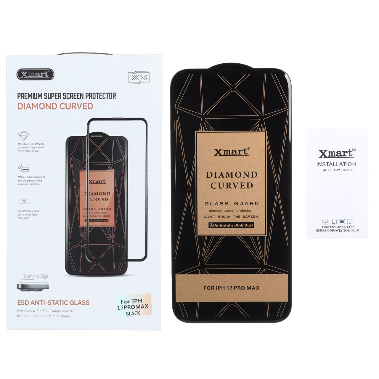 محافظ صفحه نمایش شیشه ای Xmart Diamond Curved ESD Anti Static مناسب برای آیفون 17 پرو مکس