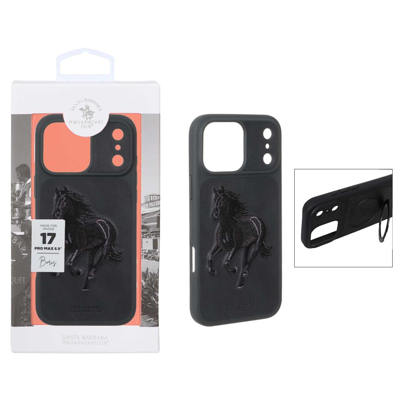 قاب اورجینال Polo Santa Barbara چرمی گلدوزی Apple iPhone 17 Pro Max - مشکی