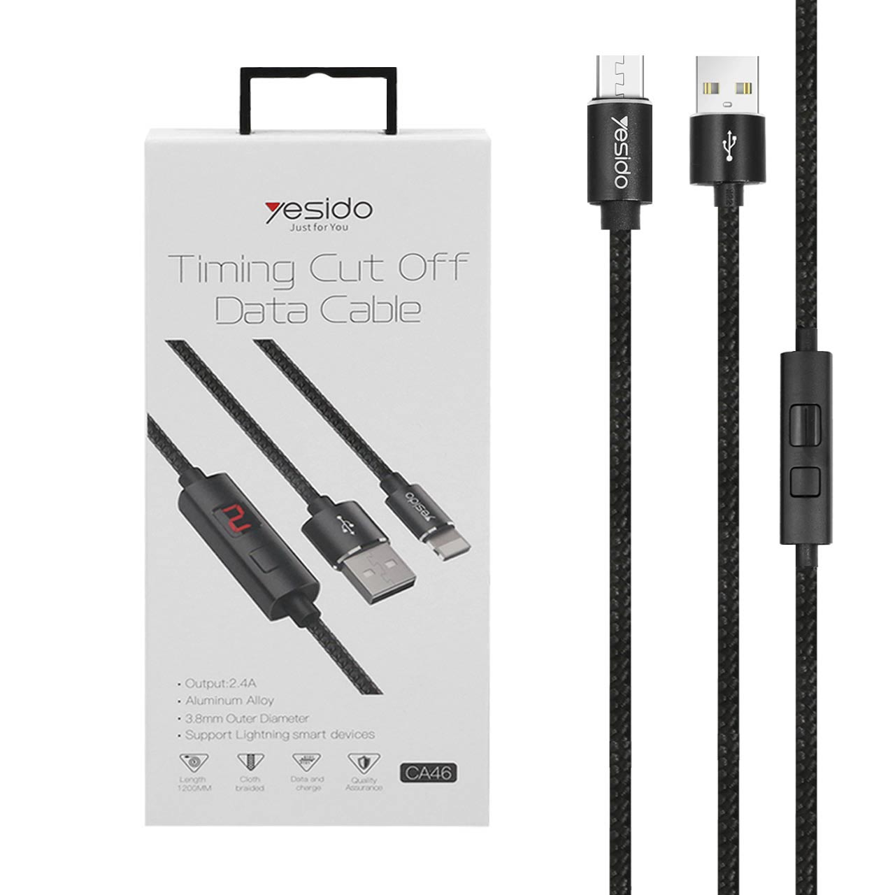 کابل شارژ تایمردار Yesido مدل CA46 میکرو USB مشکی