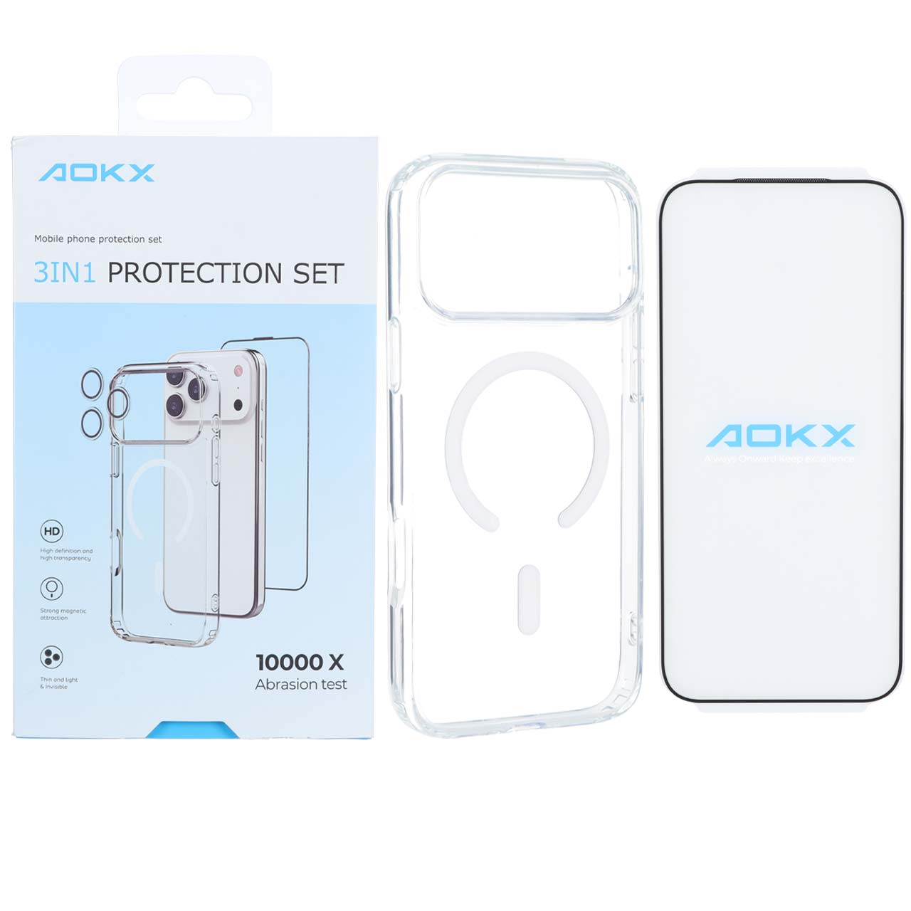 قاب شفاف Aokx 3in1 مگ سیف با ست محافظ صفحه و لنز مناسب برای آیفون 17 پرو مکس