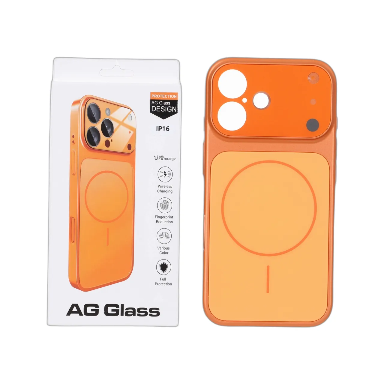 قاب اورجینال AG Glass محافظ لنز برجسته شیشه ای مگ سیف نارنجی مناسب برای آیفون 16
