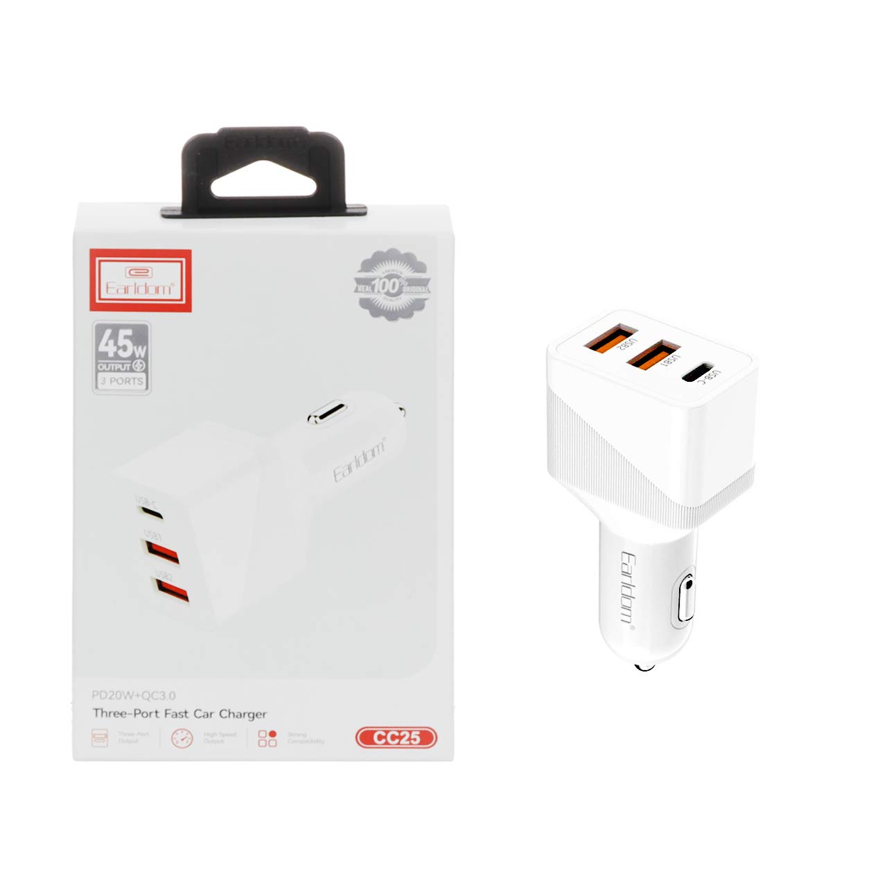 شارژر فندکی 45W فست و PD سه پورت Earldom مدل ES-CC25